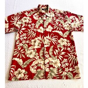 Premier International Mens Red Hibiscus Hawaiian Aloha Shirt Lg Floral Vintage